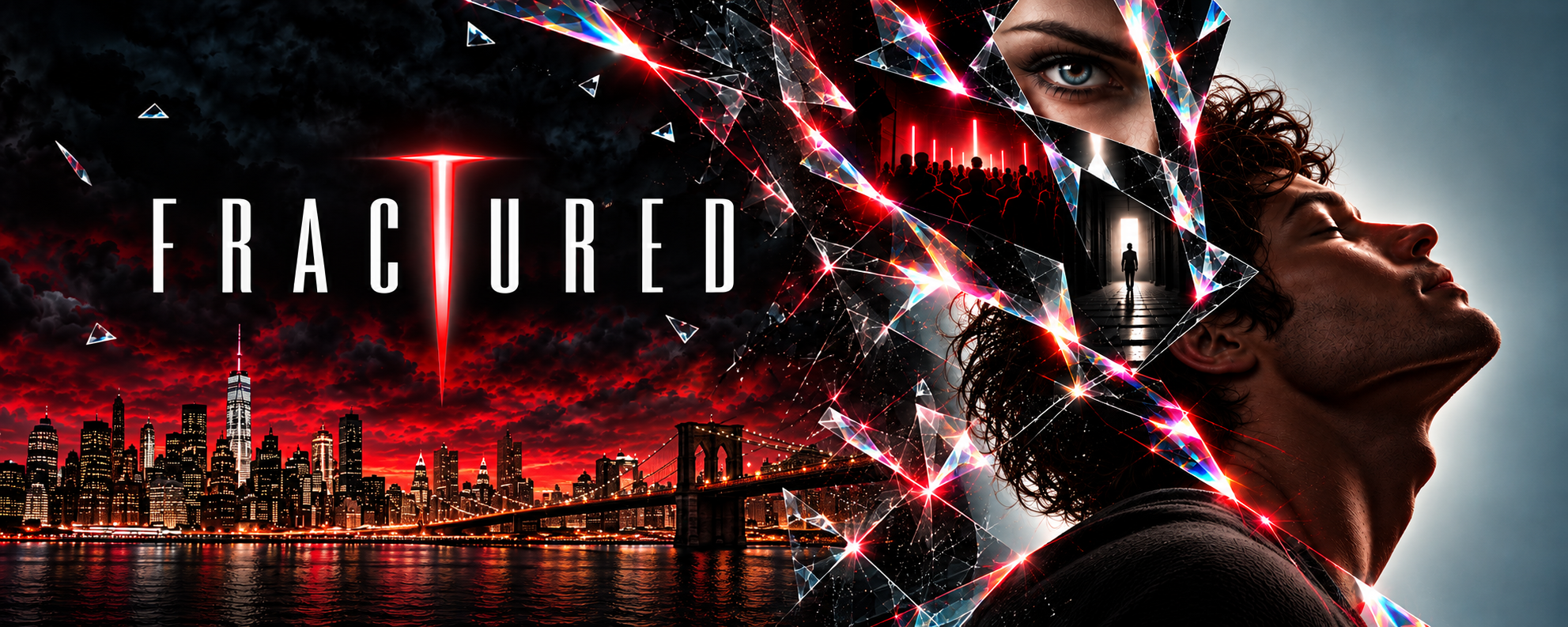 Fractured: shattered glass, a red New York skyline, and the novel’s cover imagery